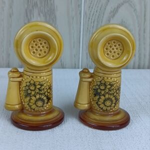 VTG Mustard Yellow Salt Pepper Shakers Of Antique Telephone w/ sunflower accent.